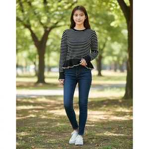Women's A New Day Black & White Striped Crew Neck Sweater L